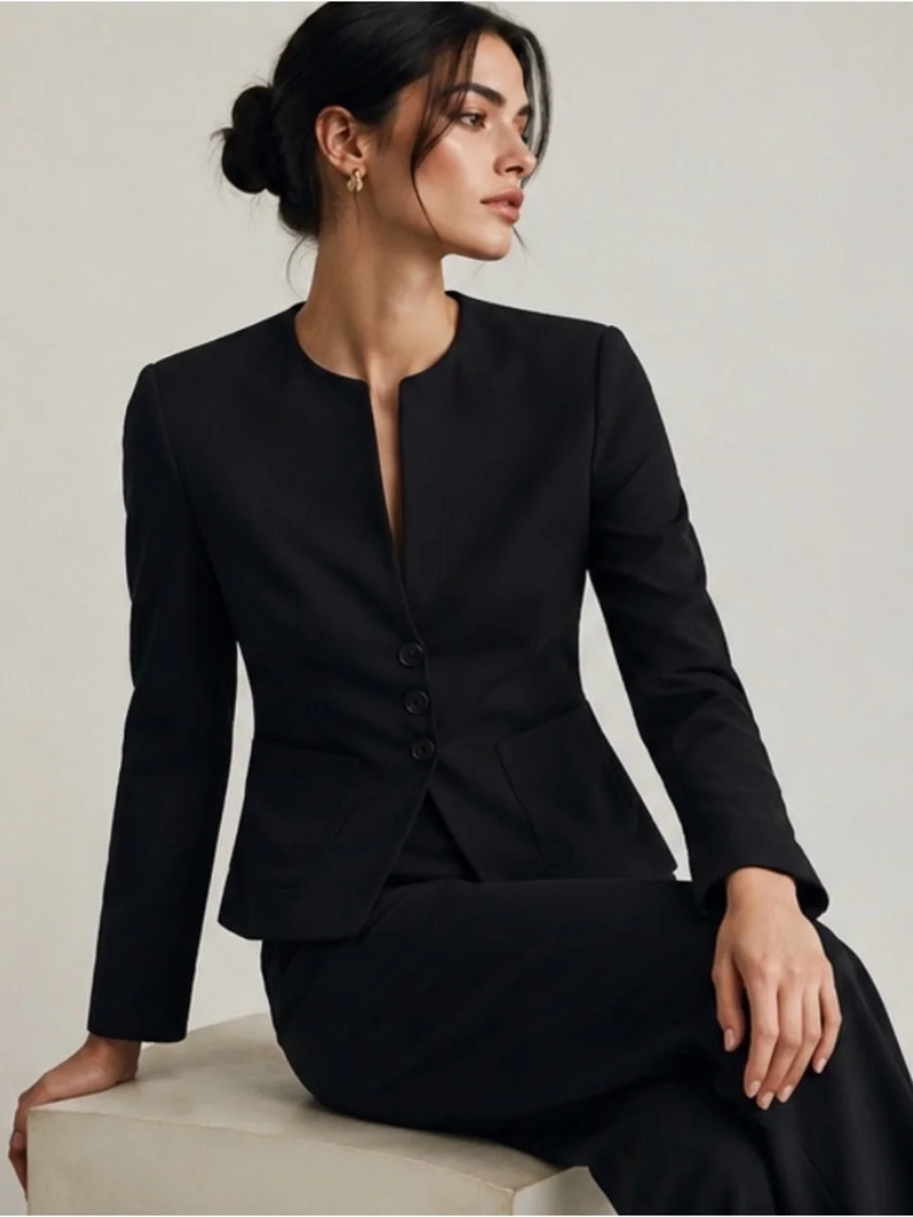 CHANEL Boutique 1998 Spring Black Cotton Silk Collarless Jacket FR 40